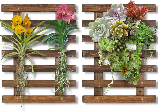 Mulctun 2 Pcs Wall Planters - 11.4"W X 15.7"H Wooden Wall Planters for Indoor Outdoor Plants,Hanging Wood Wall Trellis,Wall Mounted Plant Holder for Orchids,Succulent,Air Plants,Hanging Pots Display
