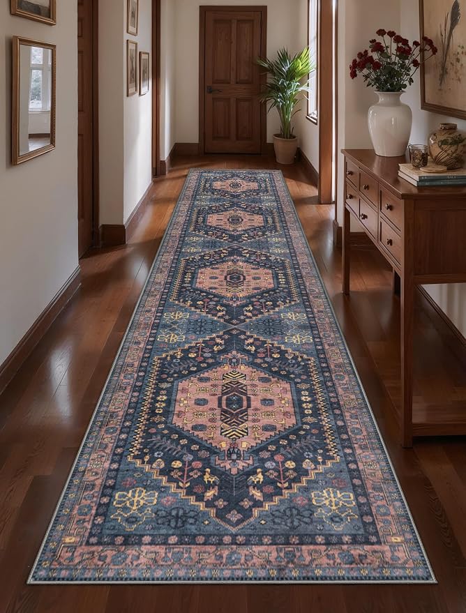 Ciicool 2x10ft Long Hallway Runner Rug,Thin Washable Carpet for Bedroom | Navy Soft Vintage Oriental Entry Boho Area Rugs for Entrance Bedside Living Room Kitchen Laundry Room Bathroom Indoor Deco
