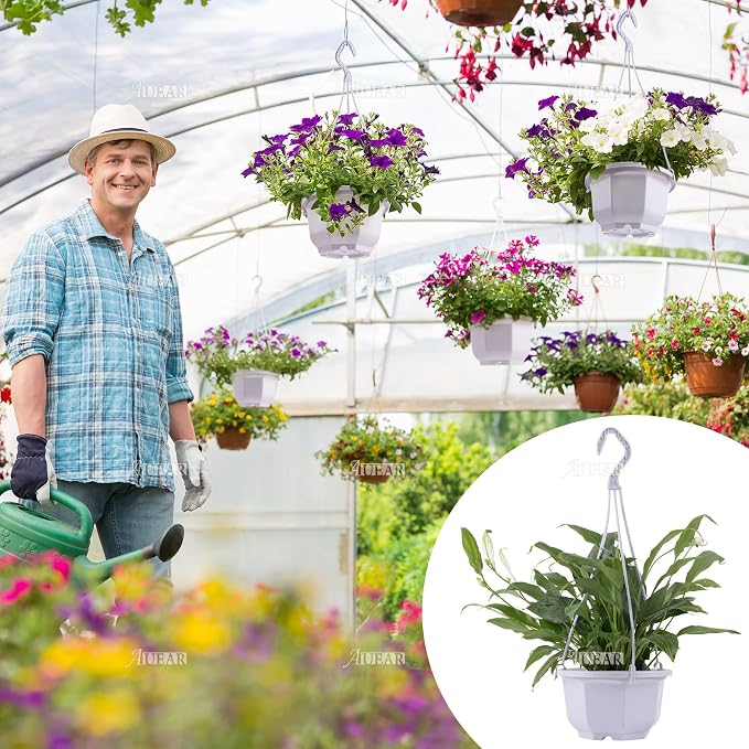 AUEAR, 50 Pack Plastic Plant Hangers Hanging Flower Planter Containers with Drainage Holes and Hooks for Outdoor Indoor White