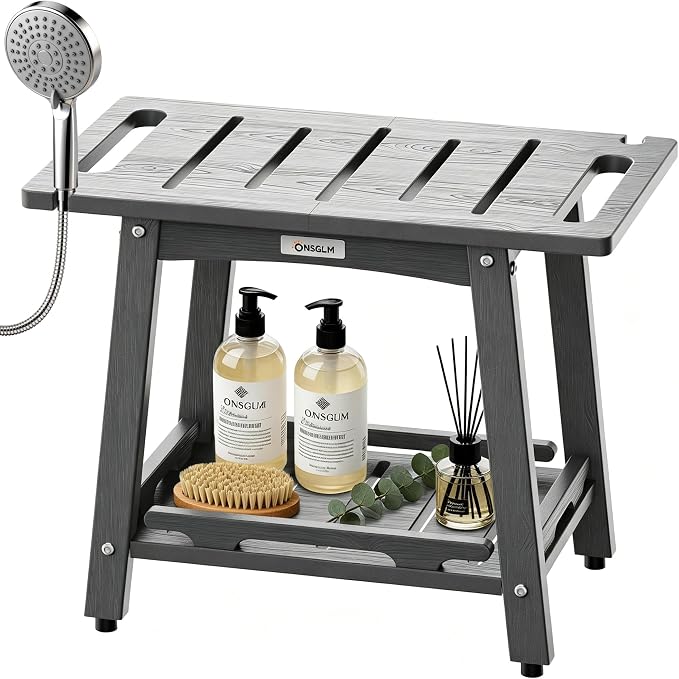 22" Large Shower Bench Seat, Non-Slip Shower Benches for Inside Shower to Sit on, HDPE Waterproof Shower Stool, Shower Chair with Adjustable Feet for Bathroom, Indoor/Outdoor Use, Grey