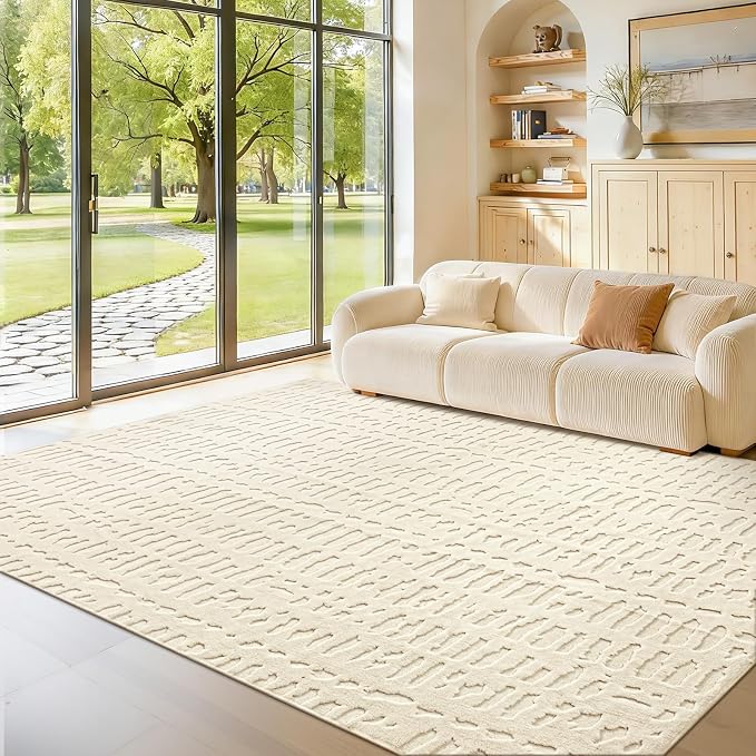 Yamaziot Washable 6x9 Area Rugs for Living Room Textured Non Slip Rug,Beige | Modern High-Low Geometric Pattern, Soft Fluffy, Neutral, Minimalist Floor Carpet for Bedroom Dining Room Nursery Kids Room