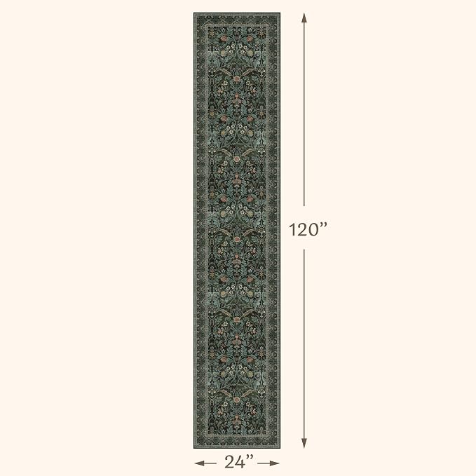 2x10 Long Hallwag Runner Rug 10ft, Washable Dark Green Indoor Floor Mats for Entryway Non Slip, Flower & Botanical Pattern Stain Resistant Carpet
