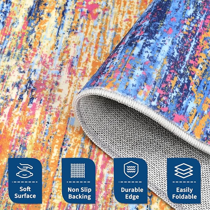 ROYHOME Washable Rug 5x7 Abstract Area Rug for Living Room, Blue/Orange | Non Slip Foldable Soft Rugs for Bedroom, Stain Resistant Rugs Modern Fuzzy Rug, Indoor Floor Carpet for Entryway Home