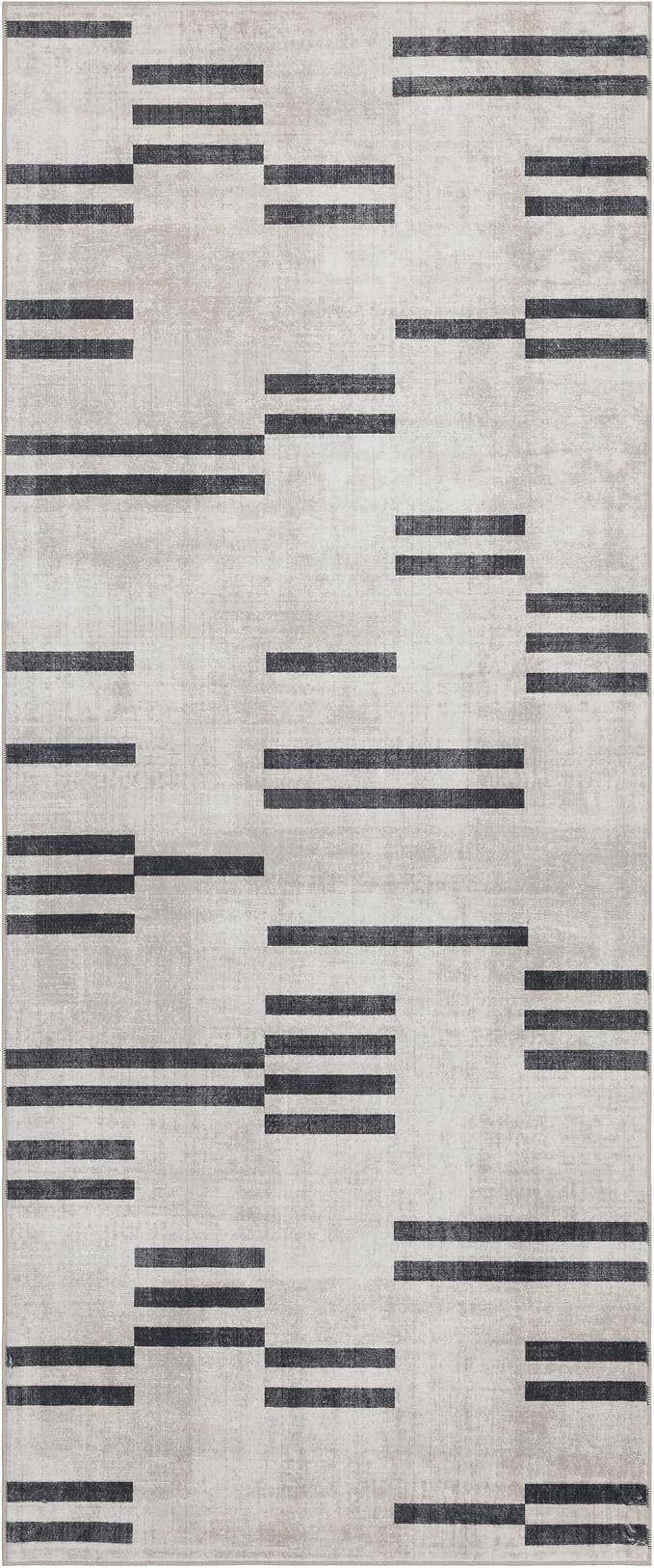 Machine Washable Area Rug Runner - Living Room Bedroom Bathroom Kitchen Entryway Office -Non-Slip Baking Low Pile Stain Resistant Premium - Modern Geometric Loki-Beige & Black 2'6" x 6'