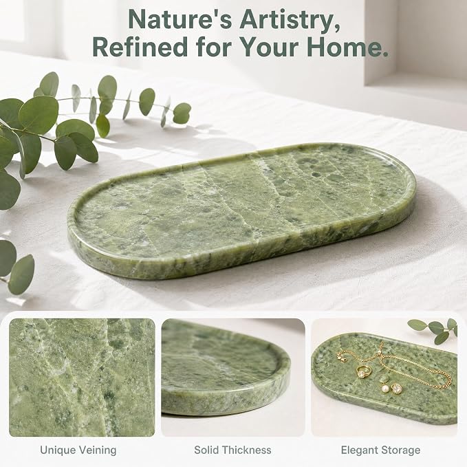 Genuine 100% Natural Marble Tray, Luxury Green Stone Vanity Tray | 11.8" x 5.9" Decorative Oval Trays for Countertop Storage, Bathroom, Dresser, Kitchen, Home Decor, Jewelry Makeup Organizer