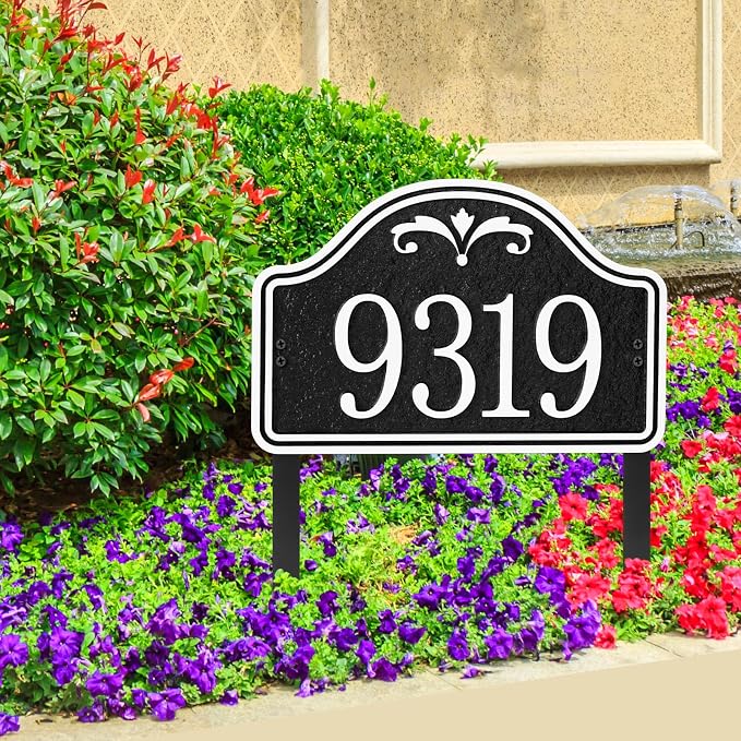 Personalized Lawn Address Plaque Sign with Stakes - House Address Signs for Outside Use for House,Apartment,Office,Yard (Black/Silver)
