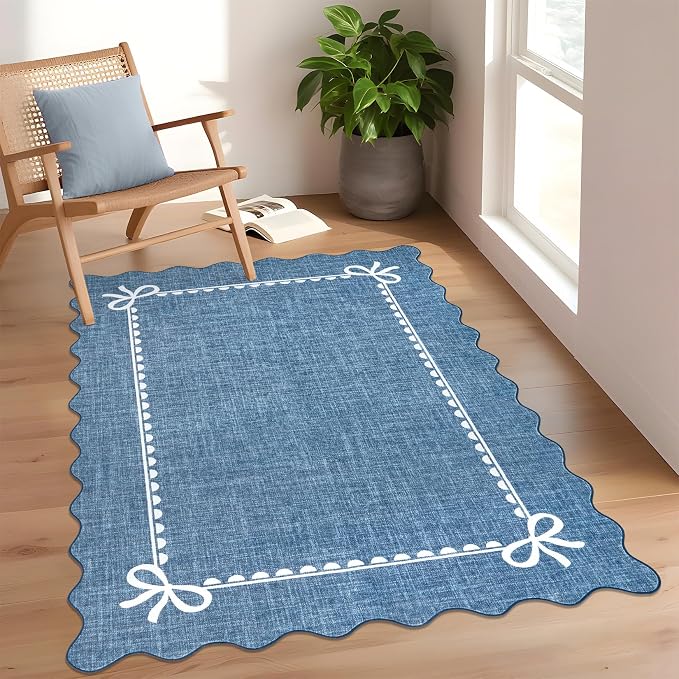 GarveeHome Scalloped Bow Rug 4x6 Washable Rugs for Living Room, Dark Blue | Non Slip Soft Low Pile Indoor Carpet for Nursery Girls Bedroom Decor Hallway Kids Room College Dorm Playroom