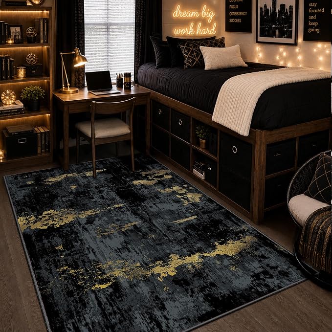 RELEANY Washable 4'x6' Abstract Area Rug for Living Room Black Gold | Carpet for Bedroom, Kitchen, Office, Hallway and Entryway, Printed Pattern, Non‑Slip, Soft, Stain‑Resistant, Easy to Clean