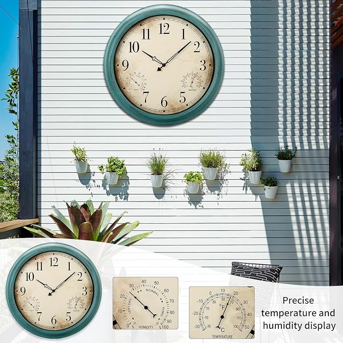 18 Inch Wall Clock, Retro Outdoor Clock Non-Ticking Waterproof Indoor Outdoor Clock with Thermometer, Green