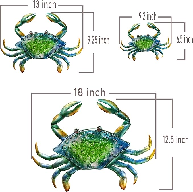 JOYBee 3Pcs 18inch 13inch 9inch Large Coastal Ocean Metal Crab Wall Art Decor Family Set -Christmas Decorations-Decoration for Outdoor Indoor Bathroom Kitchen Garden Bedroom Patio