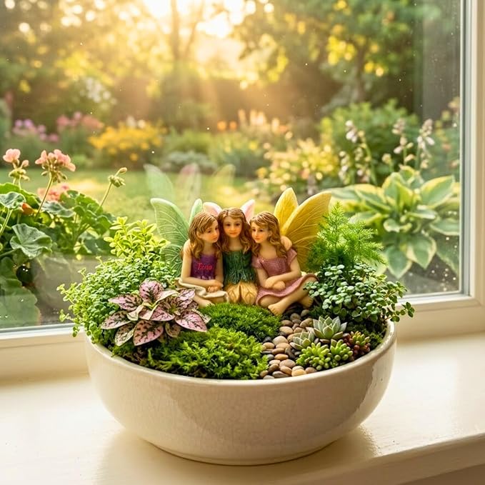 PRETMANNS Fairies for Fairy Garden Accessories Outdoor Indoor Miniature Garden Figurines Hand-Painted Resin Fairy Figures Set 3 Sitting Sisters Fairy Buddies | Hand-Painted Resin Figurines, Outdoor or Indoor Miniature Garden Accessories