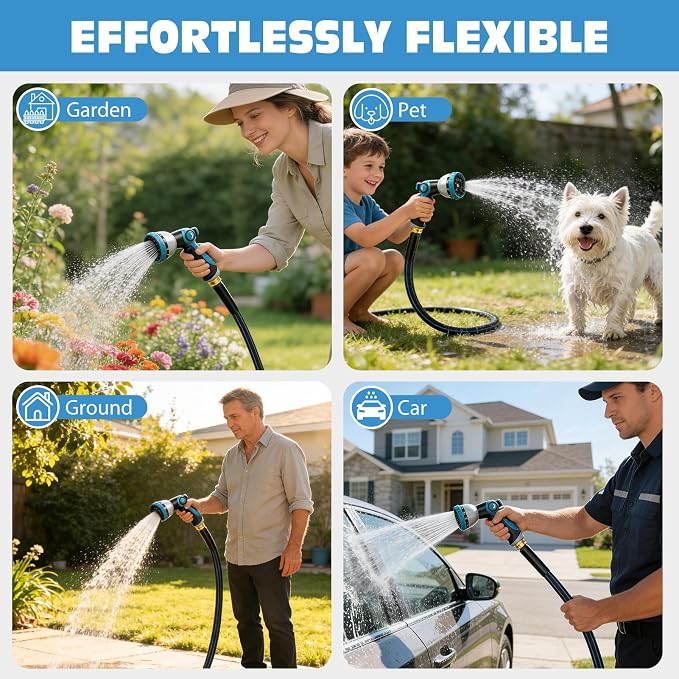 Halfjuly Garden Hose 50FT, Flat Non-Expandable Lightweight Water Hose, Durable Flexible Heavy Duty No Kink Design with 3/4" Fittings, 10 Way Spray Nozzle for Outdoor Yard Lawn