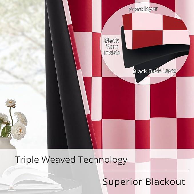 100% Blackout Checkered Curtains – 2 Panels, Each W52×L63, Thermal Insulated, Nosie Reducing for Bedroom, Modern Pink and Red Checkerboard Design for Girls Room