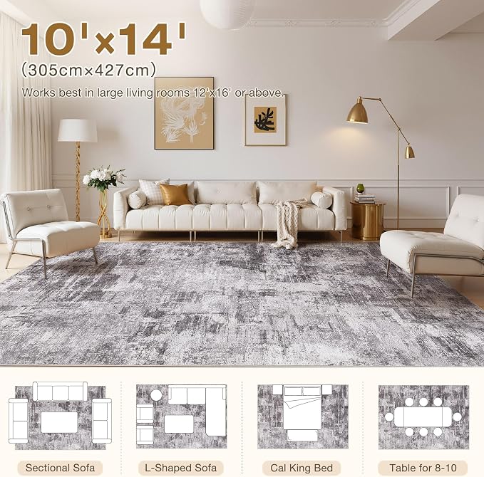 kakania Abstract 10x14 Area Rugs for Living Room: Washable Rugs Grey | Soft, Non-Slip, Low-Pile, Pet & Kid Friendly - Large Modern Home Decor Carpet for Bedroom/Dining Room/Office/Nursery