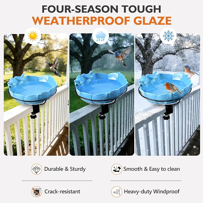 Glazed Ceramic Bird Bath for Deck Railing, 11 Inch Outdoor Deck Mounted Bird Baths Feeder Bowl with Adjustable Clamp, Easy Install Balcony Patio Birdbath for Outside Backyard Decoration, Blue