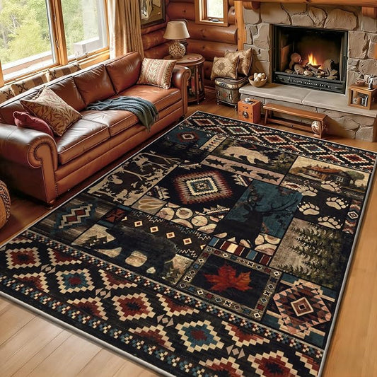 LOKHOM 5x7 Rustic Bear Area Rug, Washable Southwestern Lodge Cabin Rug | Bear Pattern, Non-Slip, Low Pile, Soft Vintage Wildlife Accent Floor Carpet, For Living Room Bedroom Dining Room Nursery