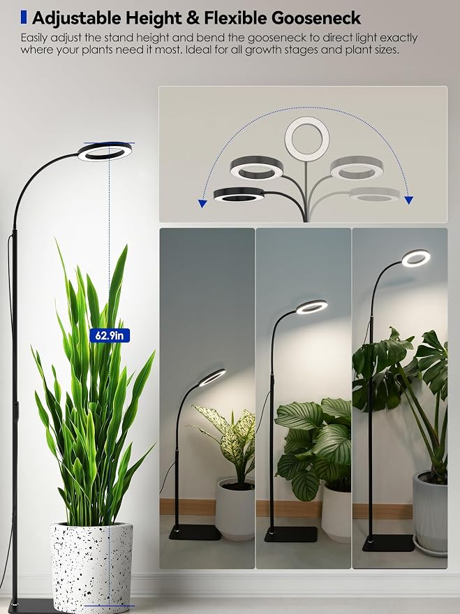 GLOWRIUM Grow Lights for Indoor Plants, Full Spectrum LED Grow Light Floor Lamp with Stand Adjustable Height and Angle, Black Plant Light with 3/9/12H Grow Light Timer (Black, Single Head)