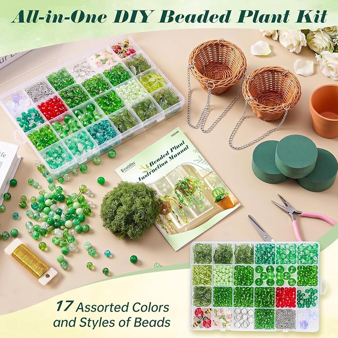 Ecoofor Green Beads Beaded Plant Kit, Makes 3 Plant Pots, Glass & Crystal Leaf Pieces, Video Tutorials Included, Handmade Gift for Plant Lovers, Beaded Plant Kit