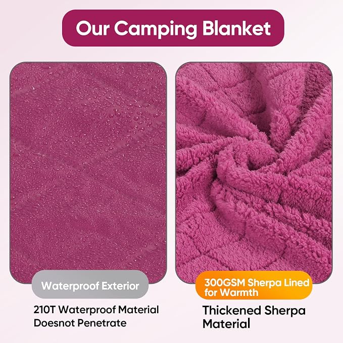 Waterproof Camping Blanket w/Sherpa Lining, Large Stadium Blankets for Outdoor Cold Weather, Windproof Emergency Throw, LightWeight and Warm for Hiking, Dog, Picnic, Washable, 67”X 87” (Purple, 1PCS)
