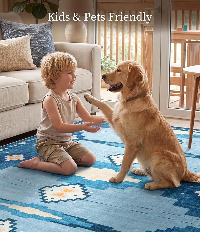 6'x9' Washable Area Rug for Living Room, Mid Century Modern Blue Rug | Soft, Non-Slip, Geometric Coastal Aztec Design, for Bedroom Dining Nursery Room Playroom, Low Pile, Pet Friendly