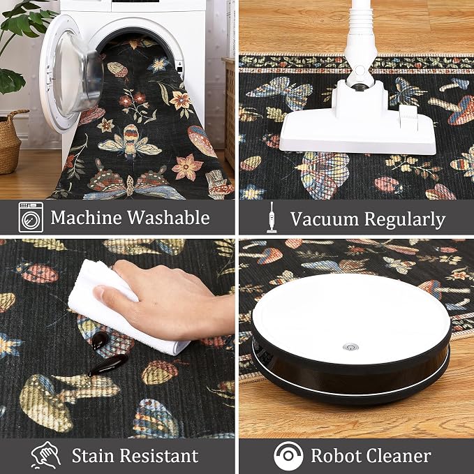 ROYHOME Mushroom Insect Washable Rug 5x7 for Bedroom Living Room Black | Playroom Nursery Office Bug Moth Cute Funky Cottage Core Whimsical Boy Carpet Low-Pile Non-Slip Stain Resistant TPE Backing
