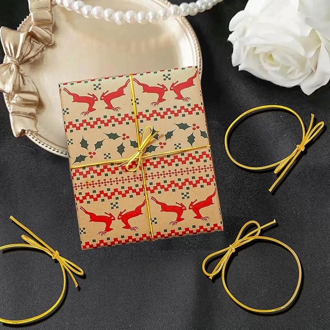 FQTANJU 200 Pcs 8 Inch Gold Stretch Loops with Pre Tied Bows Metallic Elastic Ribbon String Gold Elastic Cord for Gift Wrapping Crafts Tags Gift Boxes Bow