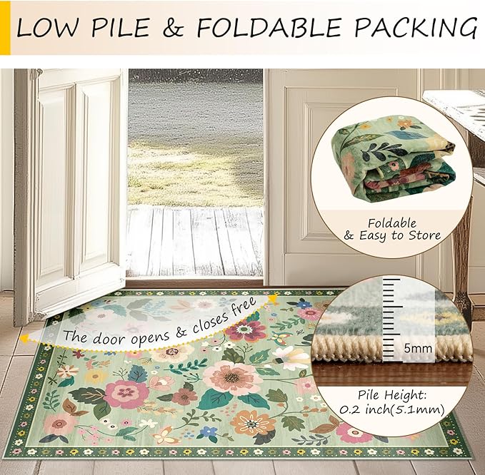 RELEANY Floral Washable Round 6ft Area Rug LightGreen | Flower Carpet, Print, Boho, Non-Slip, Easy to Clean, Soft, Low Pile for Living Room Bedroom Kitchen Office Entryway Hallway