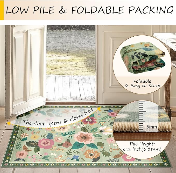 RELEANY Floral Washable Round 8ft Area Rug LightGreen | Flower Carpet, Print, Boho, Non-Slip, Easy to Clean, Soft, Low Pile for Living Room Bedroom Kitchen Office Entryway Hallway
