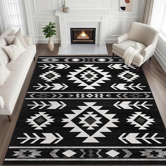 8x10 Area Rug for Living Room Western Rug Southwestern Aztec Tribal Rugs Southwest Navajo Machine Washable Non-Slip Printed Low-Pile Floor Carpet for Bedroom Dining Room Office, Black