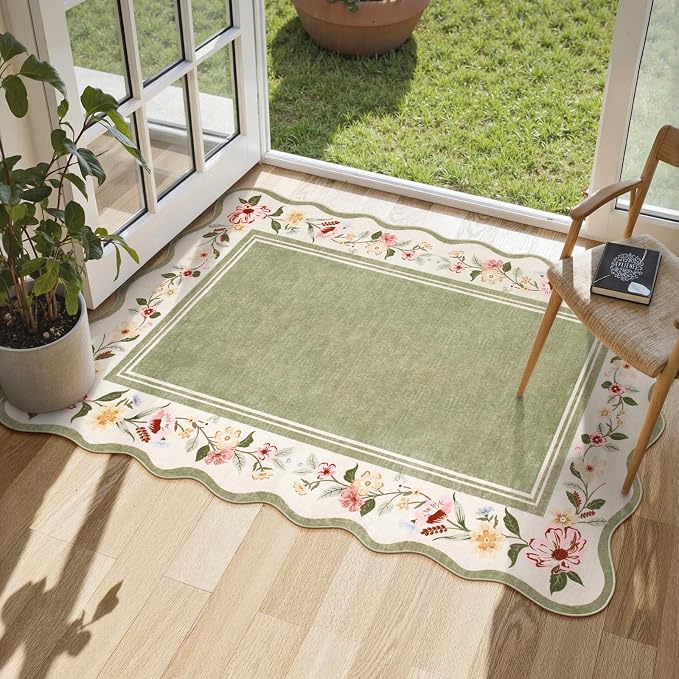 Lahome Floral 2x3 Rug, Green Kitchen Rugs Ultra-Thin Washable Scalloped Bathroom Rug Indoor Mats for Entryway Non-Slip, Boho Stain Resistant Small Throw Rugs for Bedroom Ariele（Green）
