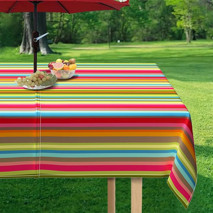 Outdoor Tablecloth with Umbrella Hole and Zipper, Rectangle Patio Table Covers for Spring/Summer, Machine Washable Outdoor Picnic Table Cloth (01stripes, 60" × 84" Rectangular)