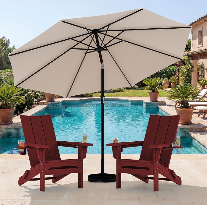 SERWALL Modern Folding Adirondack Chair Set with 9 Ft Umbrella, Folable Adirondack Chairs Set of 2 with Cup Holders, HDPE Fire Pit Chairs for Patio Lawn Garden, Red (Umbrella Base is not Included)