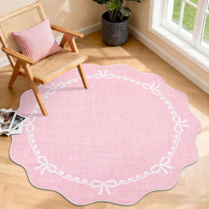 GarveeHome 4ft Round Rugs Washable Scalloped Bow Rug for Bedroom, Pink | Non Slip Soft Low Pile Ultra-Thin Stain Resistant Indoor Carpet for Living Room Nursery Girls Dorm Decor Kids Room Playroom