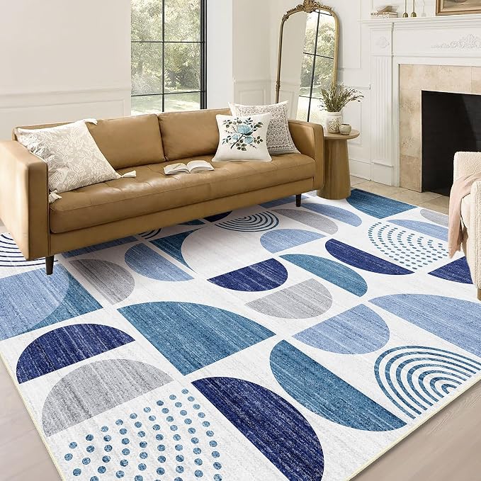 5x7 Area Rugs Washable,Blue Boho Rugs Non Slip Modern Abstract | Large Throw Carpet for Living Room Bedroom Dining Room Soft Low Pile Floor Indoor Bohemian Navy Blue