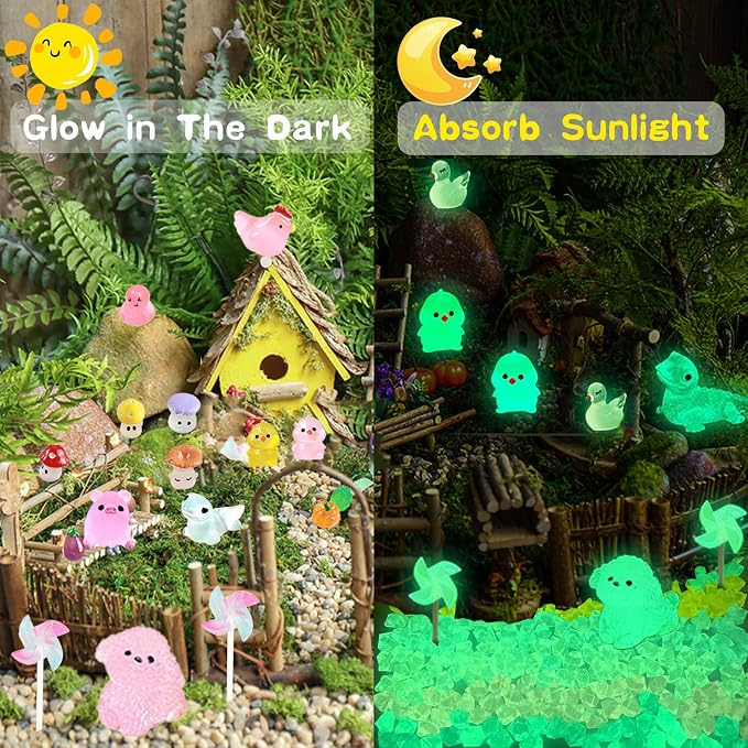 LJMBOEN 400pcs Luminous Mini Resin Animal in The Dark Tiny Miniature Figures Ornament Duck Frog Mushroom Owl Dog Rabbit Crab Dolphin Shell Fairy Garden Accessories Aquarium Landscape Bonsai Decor