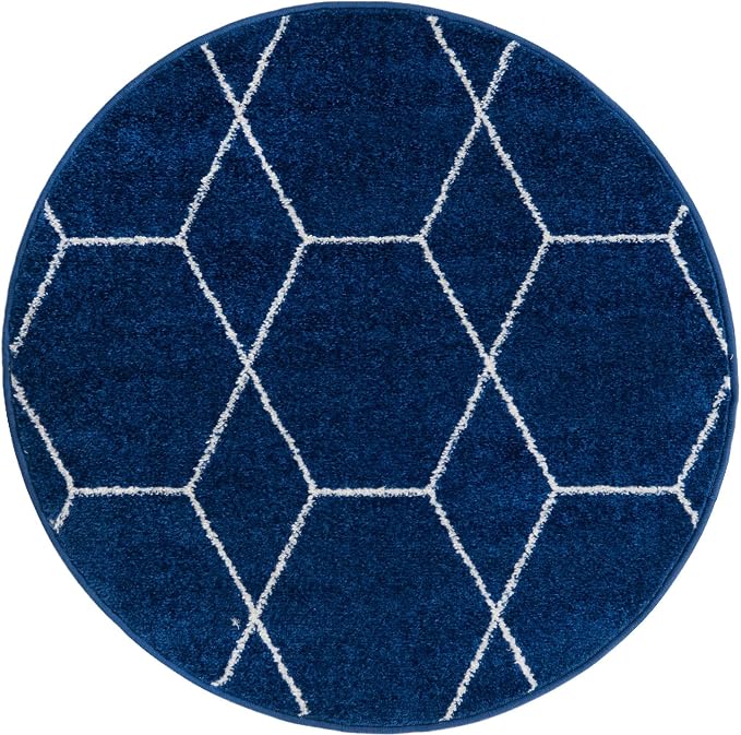 Unique Loom Trellis Frieze Collection Area Rug - Geometric (3' Round, Navy Blue/ Ivory)