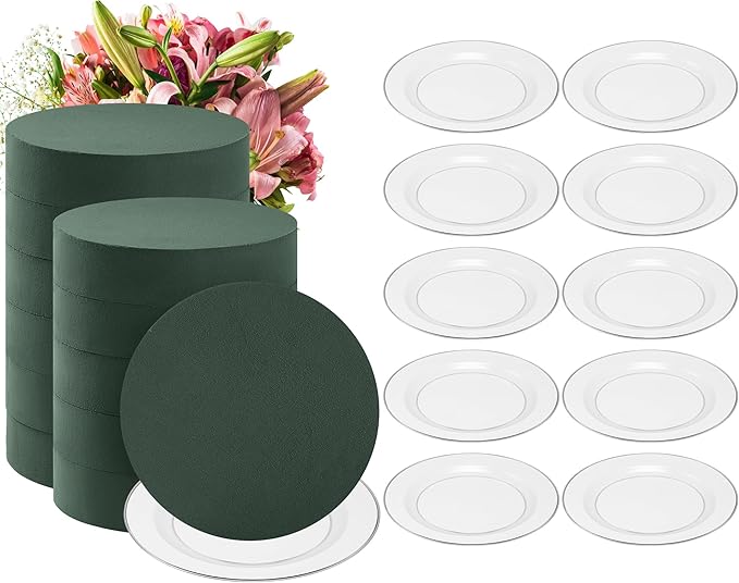 Threlaco 12 Sets Round Floral Foam and Clear Plastic Saucer Plant Drip Tray Floral Flower Dish Green Foam for Artificial Flowers Wedding Home Party Decoration (7 Inches)
