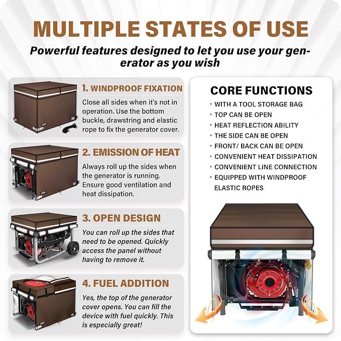Generator Covers While Running. 32"L×24"W×24"H, Top Can Be Opened for Refueling, Compatible with 5000W-13000W Frame Generator, Coffee.