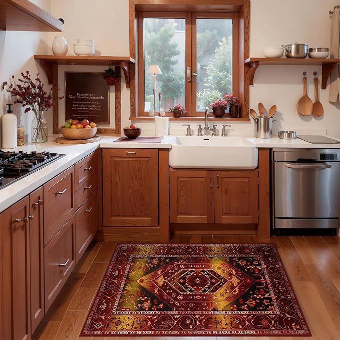 SERISSA 2x3 Washable Non Slip Boho Small Area Rug for Entryway | Ultra Soft Vintage Oriental Carpet Low-Pile Rustic Red Gold Indoor Mat for Bedroom Kitchen Bathroom Entrance Floor