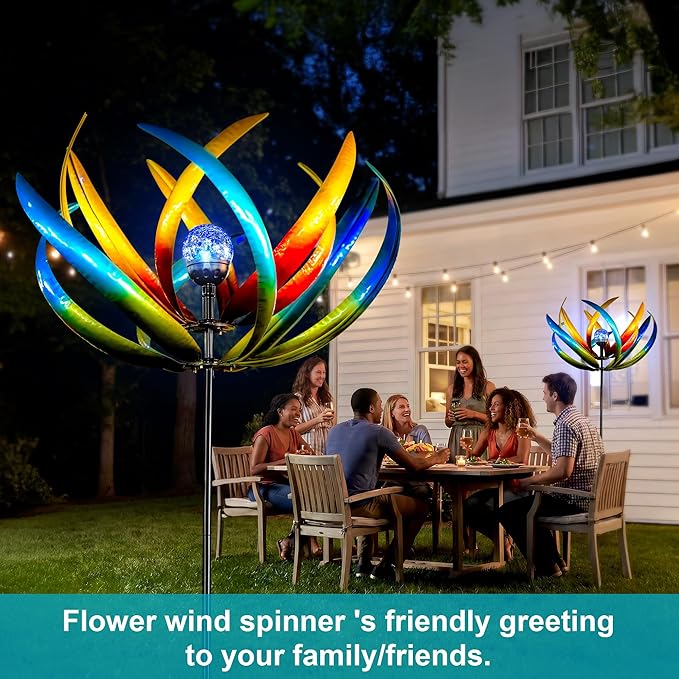 83" Large Solar Wind Spinner Outdoor - Metal Tulip Flower Sculpture with Multi-Color LED Glass Ball - Waterproof Kinetic Yard Art for Garden Lawn Patio, Mother’s Day Birthday Gardening Gifts
