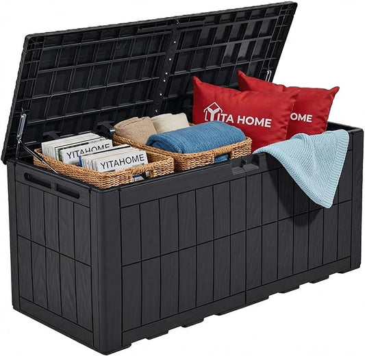 YITAHOME 110 Gallon Outdoor Deck Box | Waterproof Resin Storage Box with Lock, Lockable Patio Furniture Bin, 2-Person Bench Seating for Outdoor Cushions, Garden