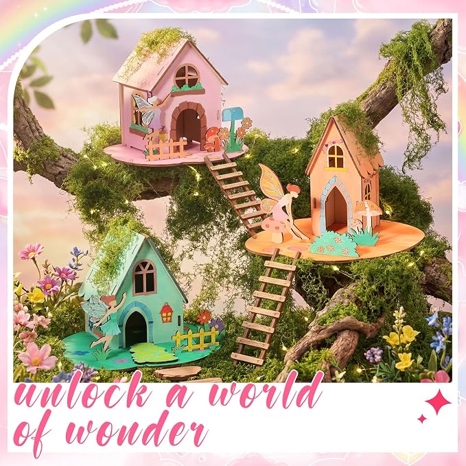 DoubleFill 6 Sets Wooden Fairy House DIY Kit Craft - DIY Fairy Garden with Paints & Decorations - Arts Crafts & Birthday Gift for Craft Activity Party Decor (Cute Tall)