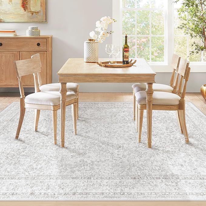 5x7 Area Rugs for Living Room: Washable Vintage Floral Rug Low Pile Non-Slip Boho Carpet for Nursery Bedroom Dining Room (Floral Grey, 5'x7')