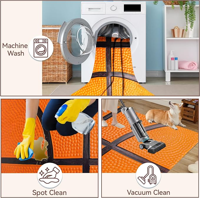 Cool Basketball Washable Area Rugs 5x7,Sports Ball Themed Area Rug for Living Room Bedroom,Indoor Non-Slip Large Throw Carpet for Kitchen Entryway Bathroom Office