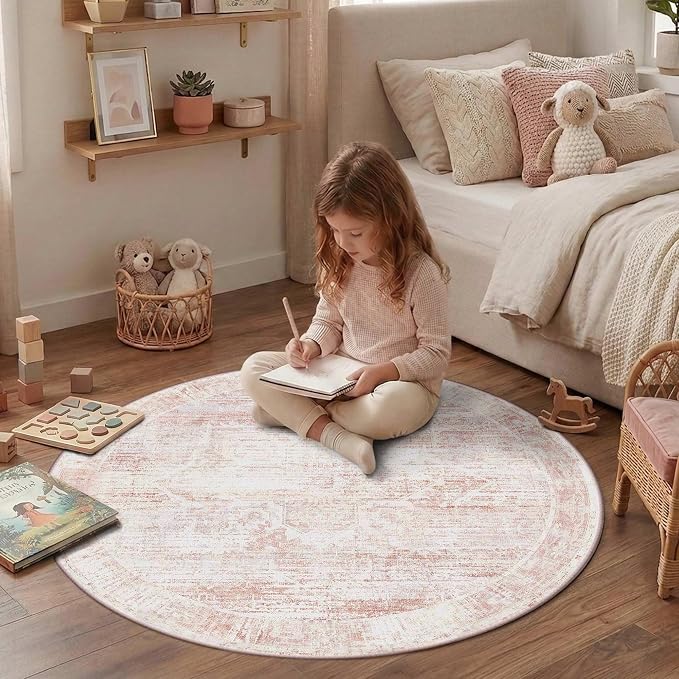 Latte&Fog 4ft Pink Round Area Rug for Girl Bedroom Washable Cute Circle Rug | Non Slip Low Pile Soft Floral Small Carpet for Kids Playroom Nursery Classroom Dorm Decor Dining Kitchen Farmhouse Office