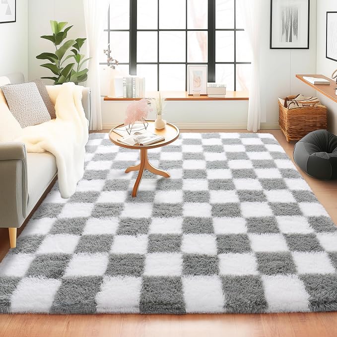 Checkered Rugs for Bedroom, 4x6 White and Grey Ultra Fluffy Fuzzy Shag Area Rug for Living Room, Modern Plush Soft Upgrade Non-Slip Carpet for Kids Girls and Boys Room Dorm Nursery Home Decor