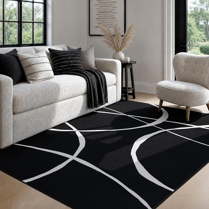 5x7 Washable Modern Abstract Black White Area Rug | Ultra-Thin Low Pile, Non-Slip TPE Backing, Soft Stain Resistant, Machine Washable, for Bedroom Livingroom High Traffic