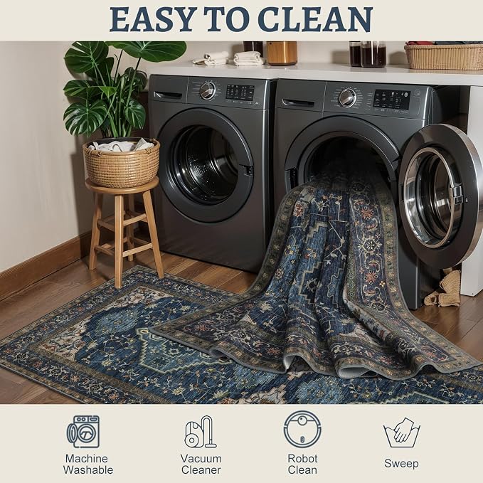 Tangsoo Dark Blue 2.6x8 Washable Runner Rug for Hallways, Non Slip Runner | Oriental Soft Low Pile Long Rug Runner, Vintage Boho Print Carpet Runners for Kitchen Bedroom Entryway Bathroom Living Room