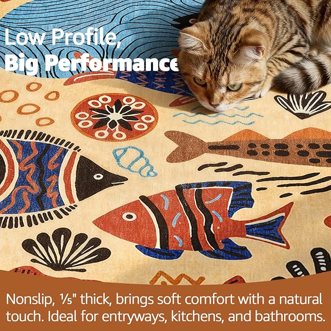jinchan 5x7 Coastal Area Rug Washable Kids Rug Colorful Ocean Fish Mat, Tan | Soft, Cozy, Non-Slip, Kid-Friendly, Lightweight, Entryway, Kitchen, Dorm, Bedroom, Living Room, Playroom, Nursery, Daycare