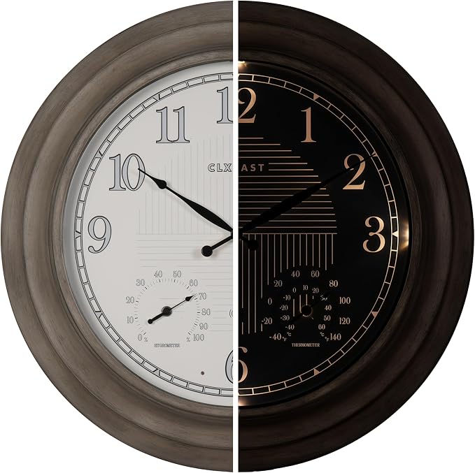 CLXEAST 24 Inch Self-Illuminated in/Outdoor Atomic Wall Clock with Temperature and Humidity, Oversized Large 24 Inch Wall Clocks for Living Room Decor, Brushed Grey Oak Finish